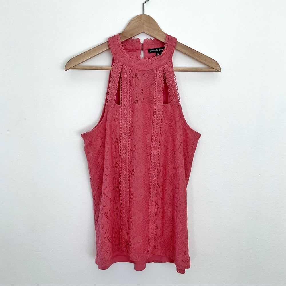 Cable and Gauge Pink Halter Tank With Lace Overlay